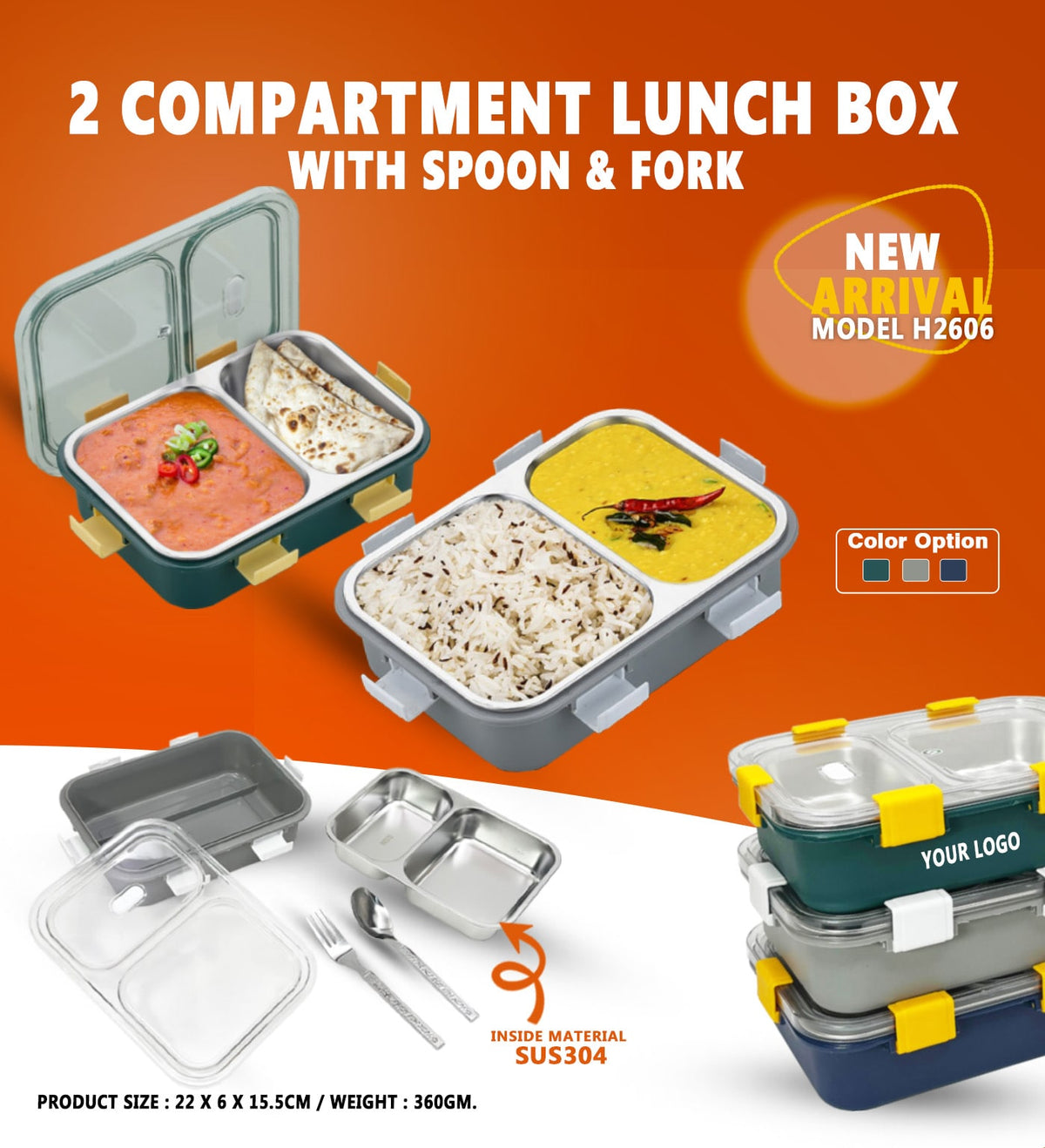 2 Compartment Lunch Box With Spoon & Fork H2606