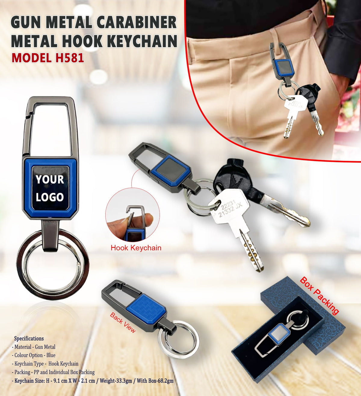 Gun Metal Carabiner Metal Hook Keychain H581