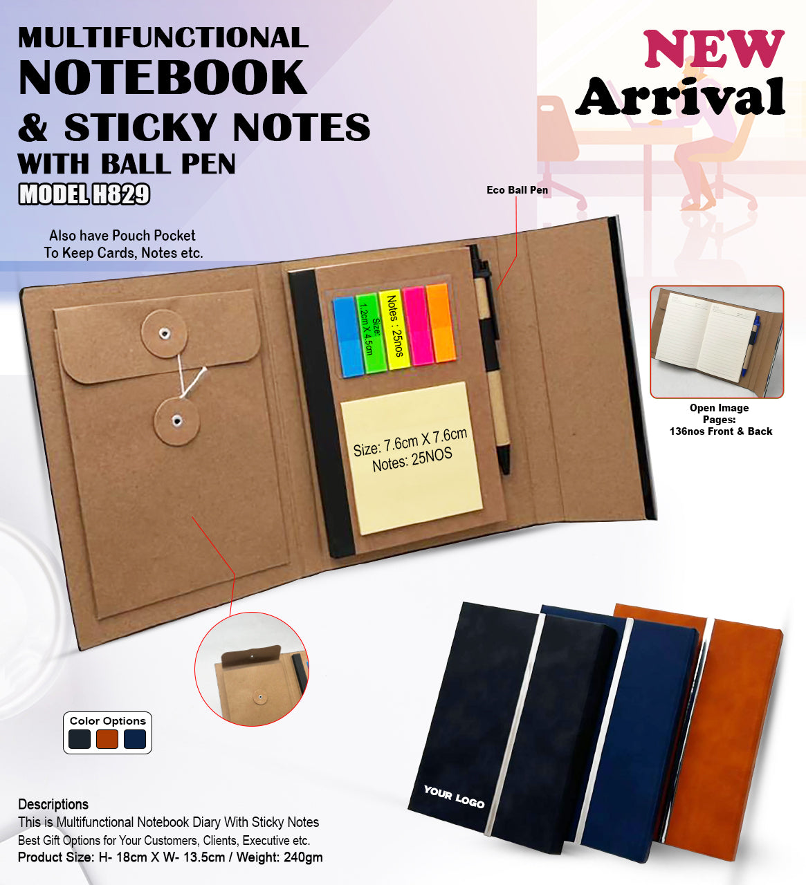 Multifunctional Notebook Diary & Sticky Notes with Eco Ball Pen H829