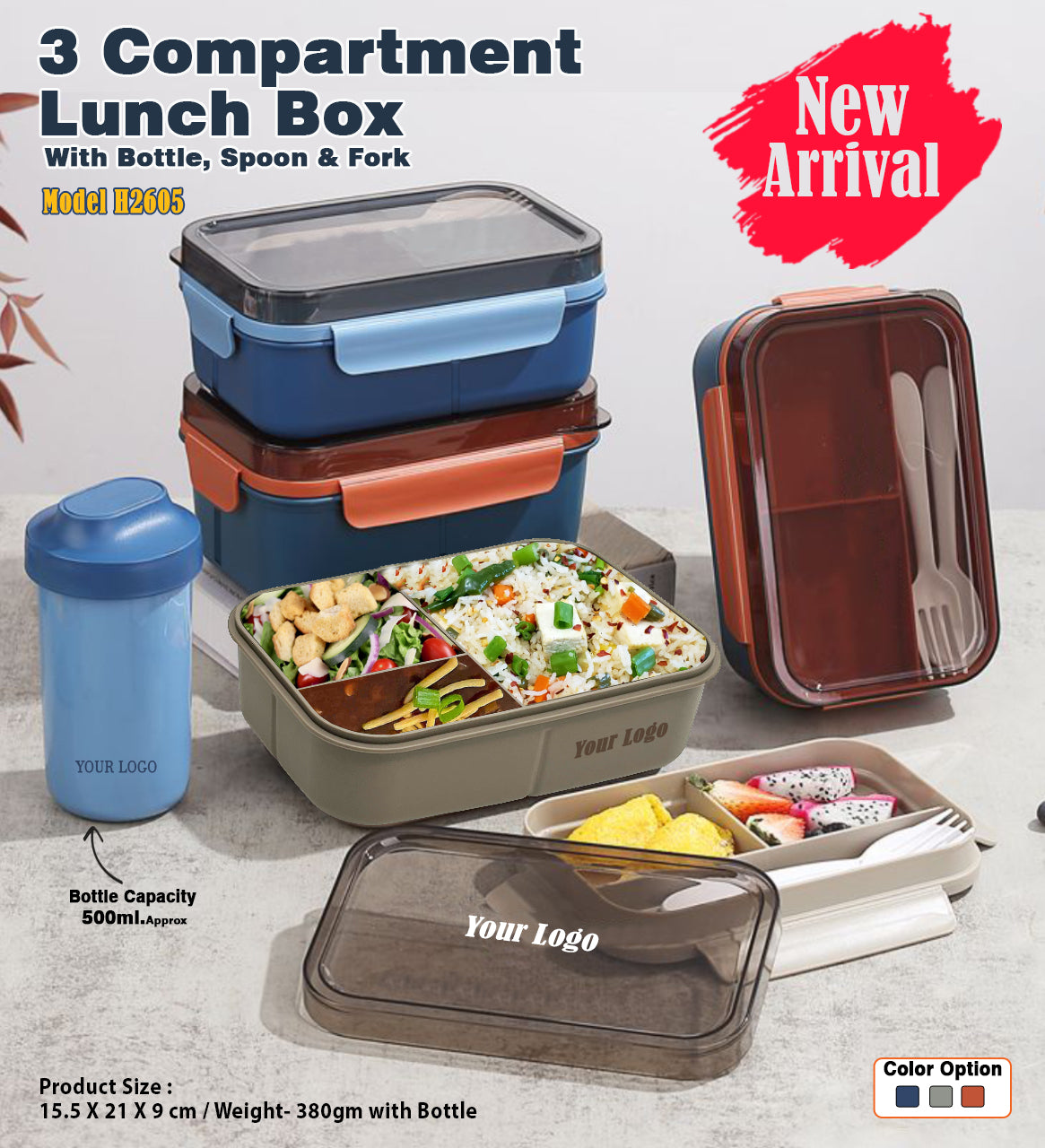 3 Compartment Lunch Box With Bottle, Spoon & Fork H2605
