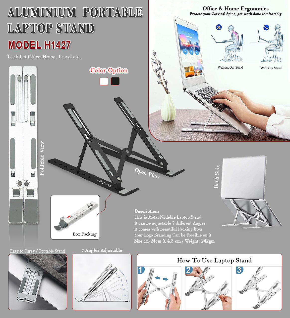 H1427 Premium Aluminium Foldable Laptop Stand for Corporate Gifting & Executive Workstations H1427