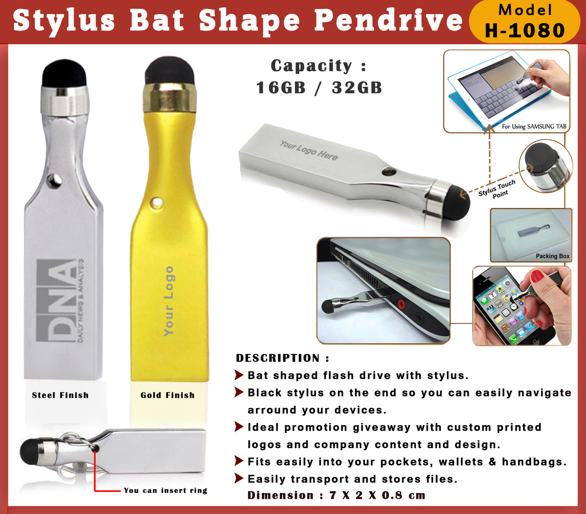 Stylus Bat Shape Pendrive H1080 - 16GB Golden
