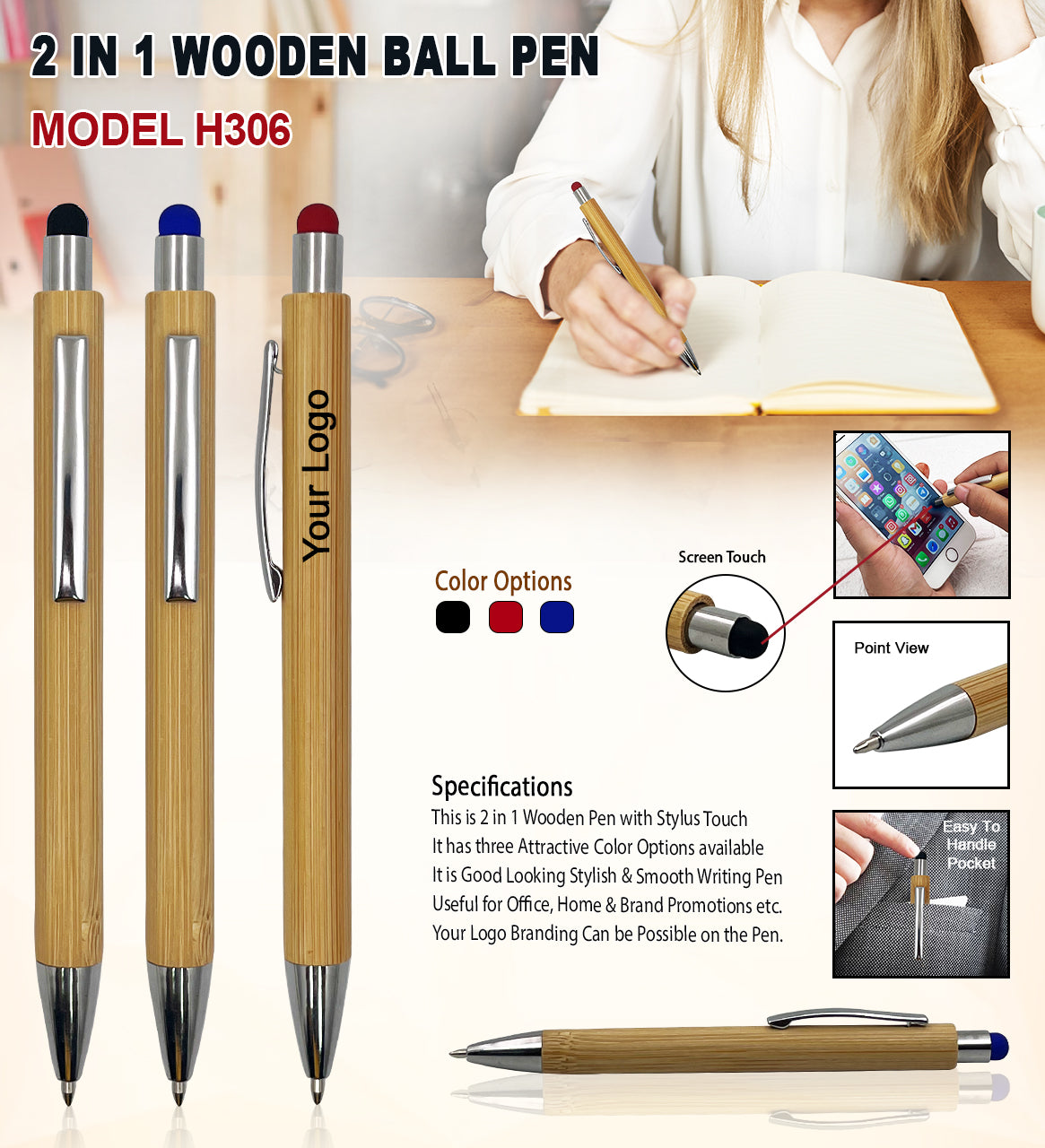 2 in 1 Wooden Ball Pen H306