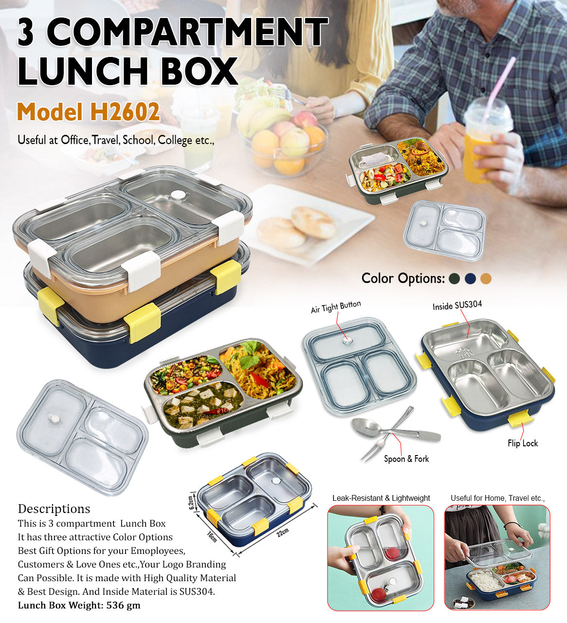3 Compartment Lunch Box H2602