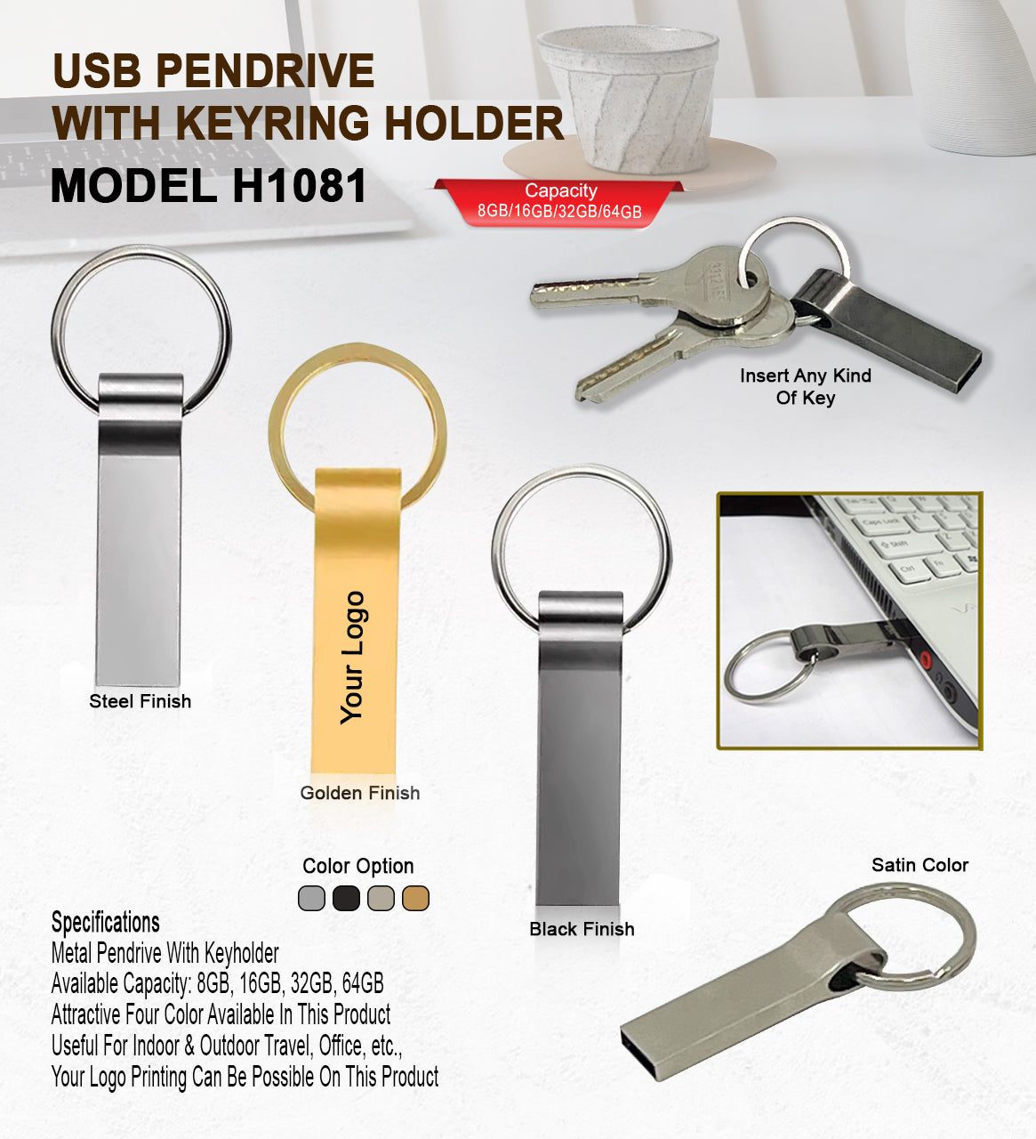 USB Pendrive with Keyring H1081- 16GB Satin Silver Black