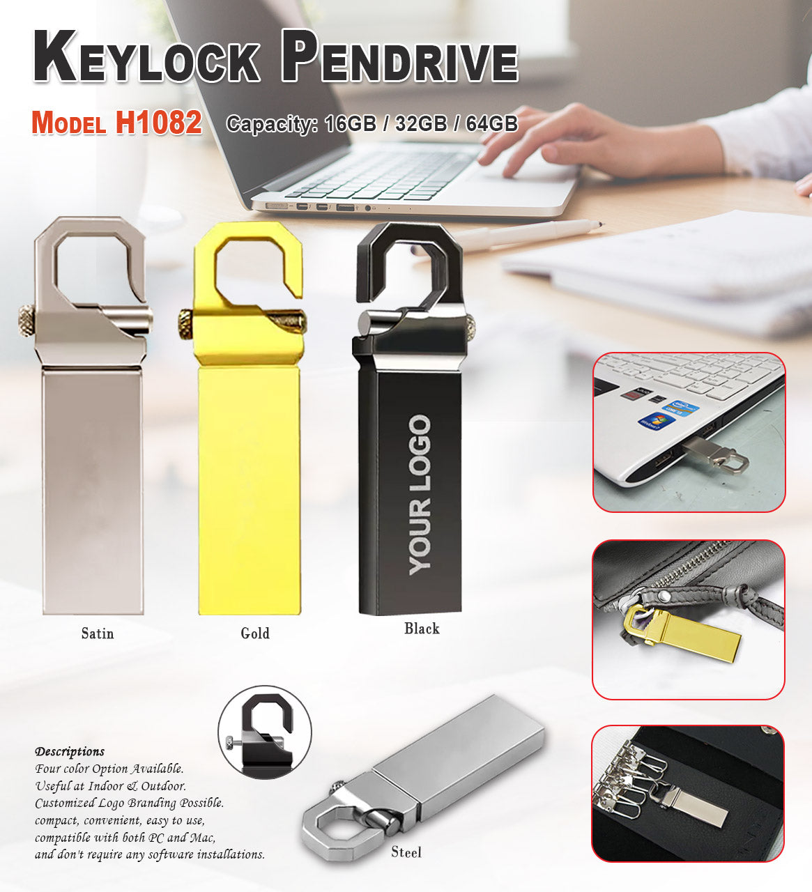 Keylock Pendrive - Golden H1082 - 16GB Golden