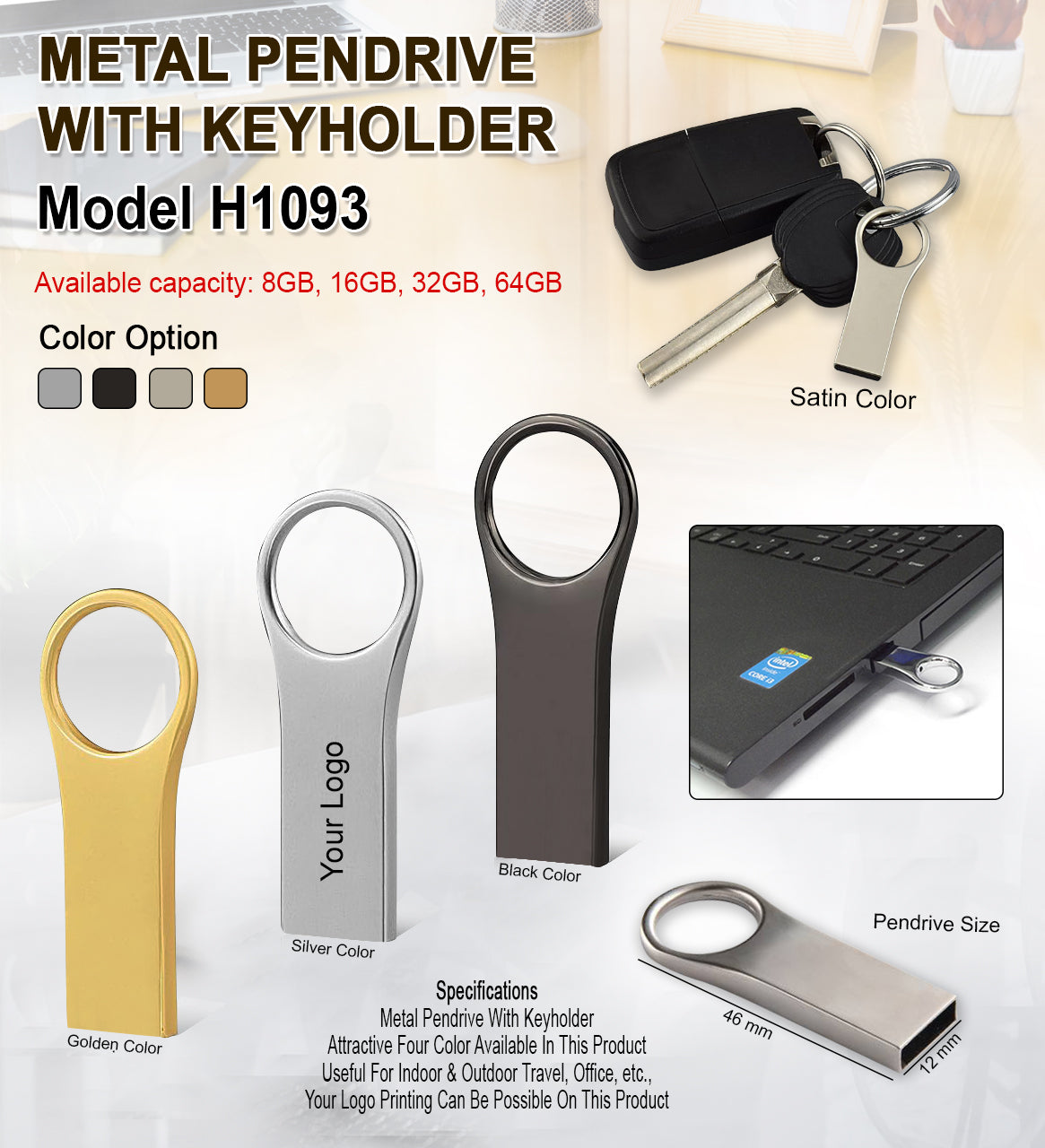 Pendrive With Keyring Holder - Gold H1093 - 32GB Golden