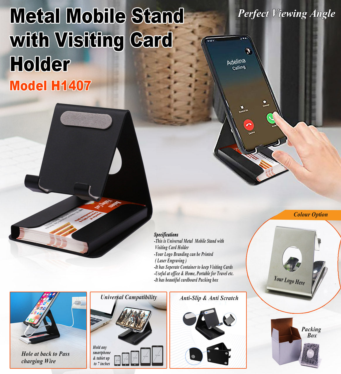 Metal Mobile Stand with Visiting Card Holder H1407 - Silver