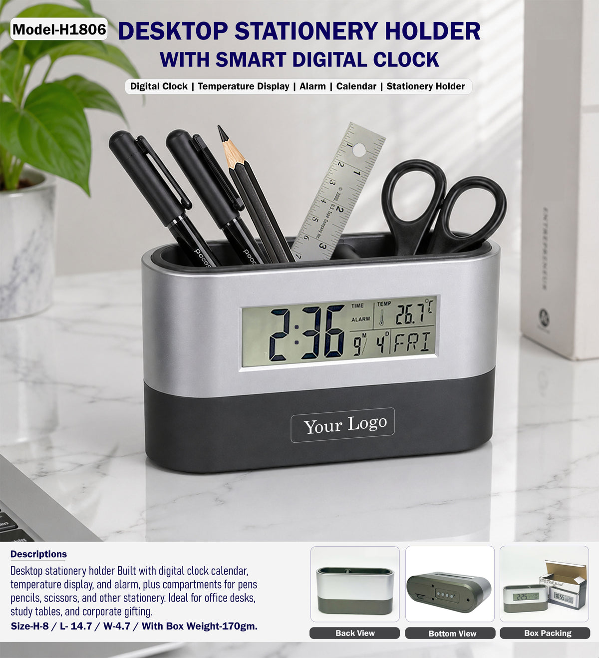 Desktop Stationery Holder With Smart Digital Clock H1806
