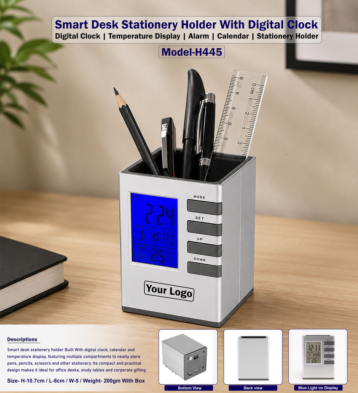Smart Desk Stationery Holder With Digital Clock H445