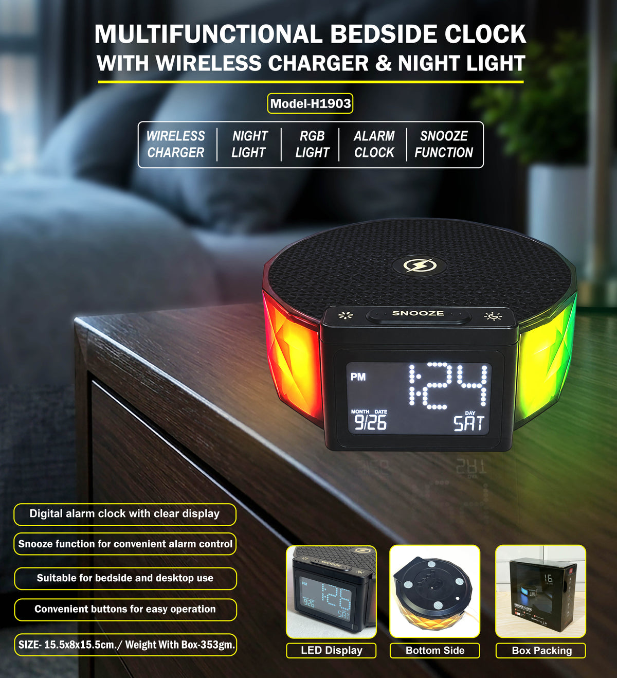 Multifunctional Bedside Clock With Wireless Charger & Night Light H1903