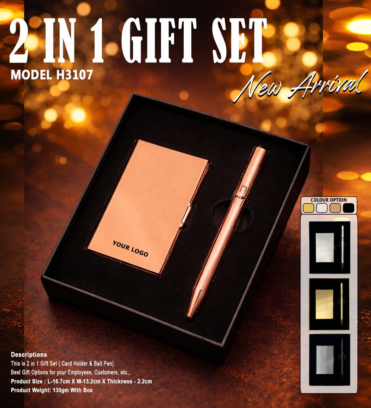 H3107 Premium Metal Card Holder & Executive Pen Gift Set – 2 in 1 Corporate Gift Set (Rose Gold) H3107 - Rose Gold