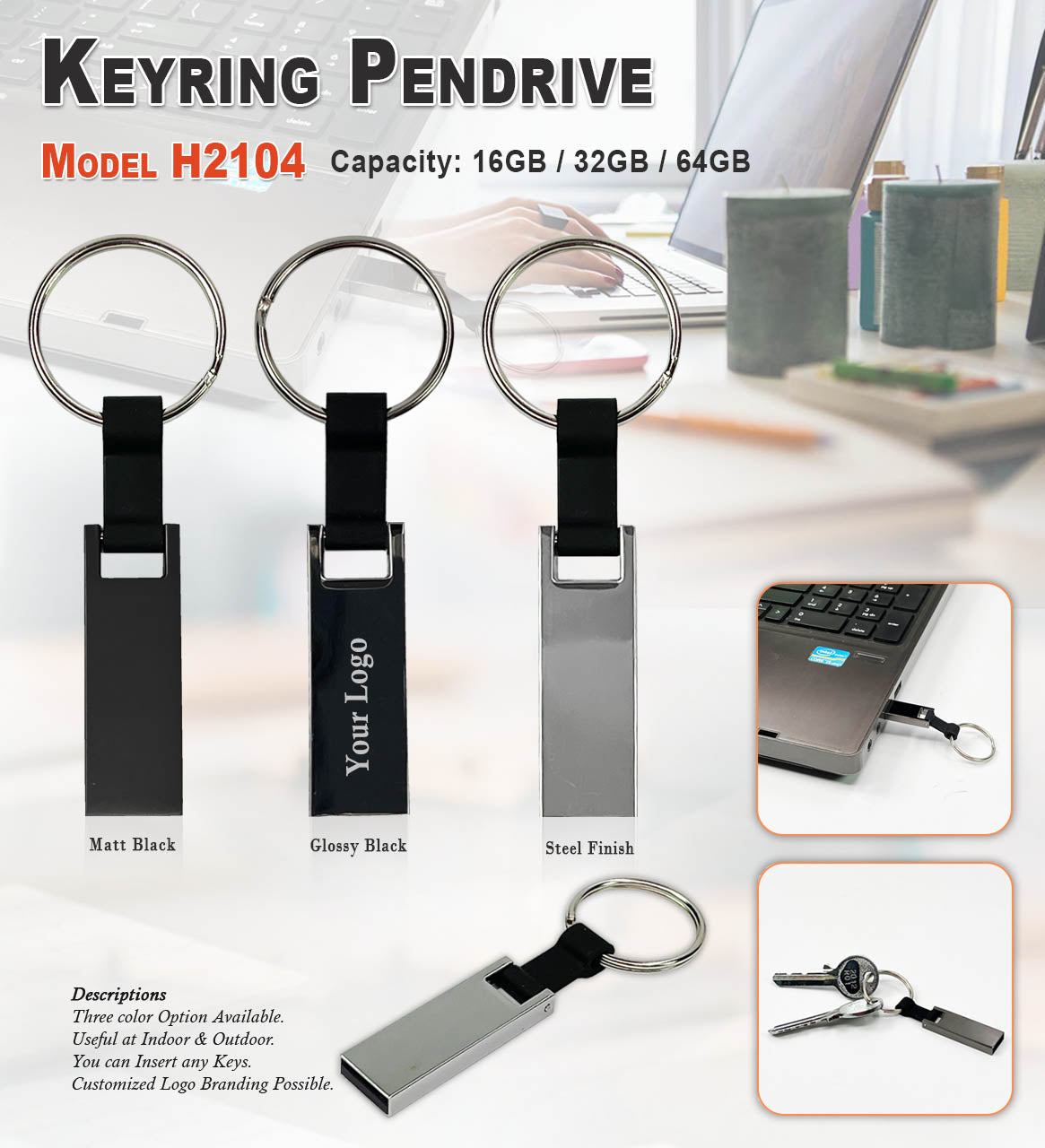 Keyring Pendrive - Mat Black H2104 - 16GB Matt Black