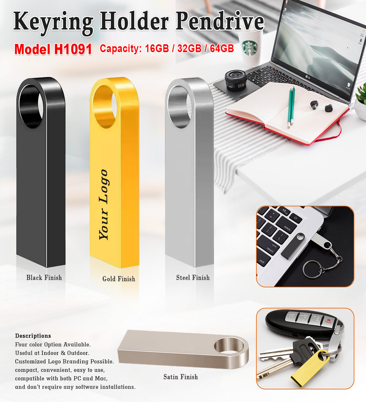 Pendrive With Keyring Holder - Gold H1091 - 16GB Golden