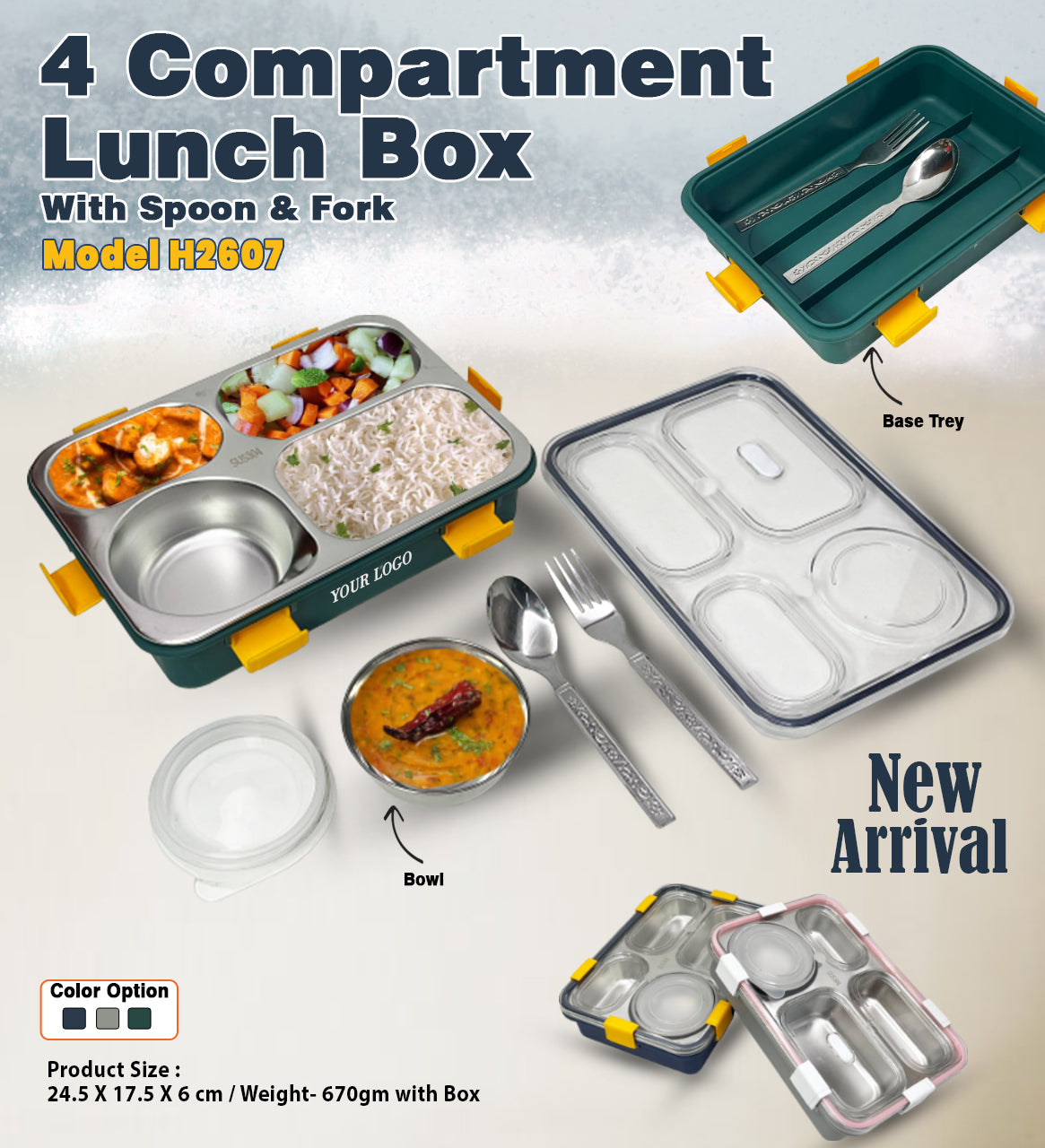 4 Compartment Lunch Box With Spoon & Fork H2607