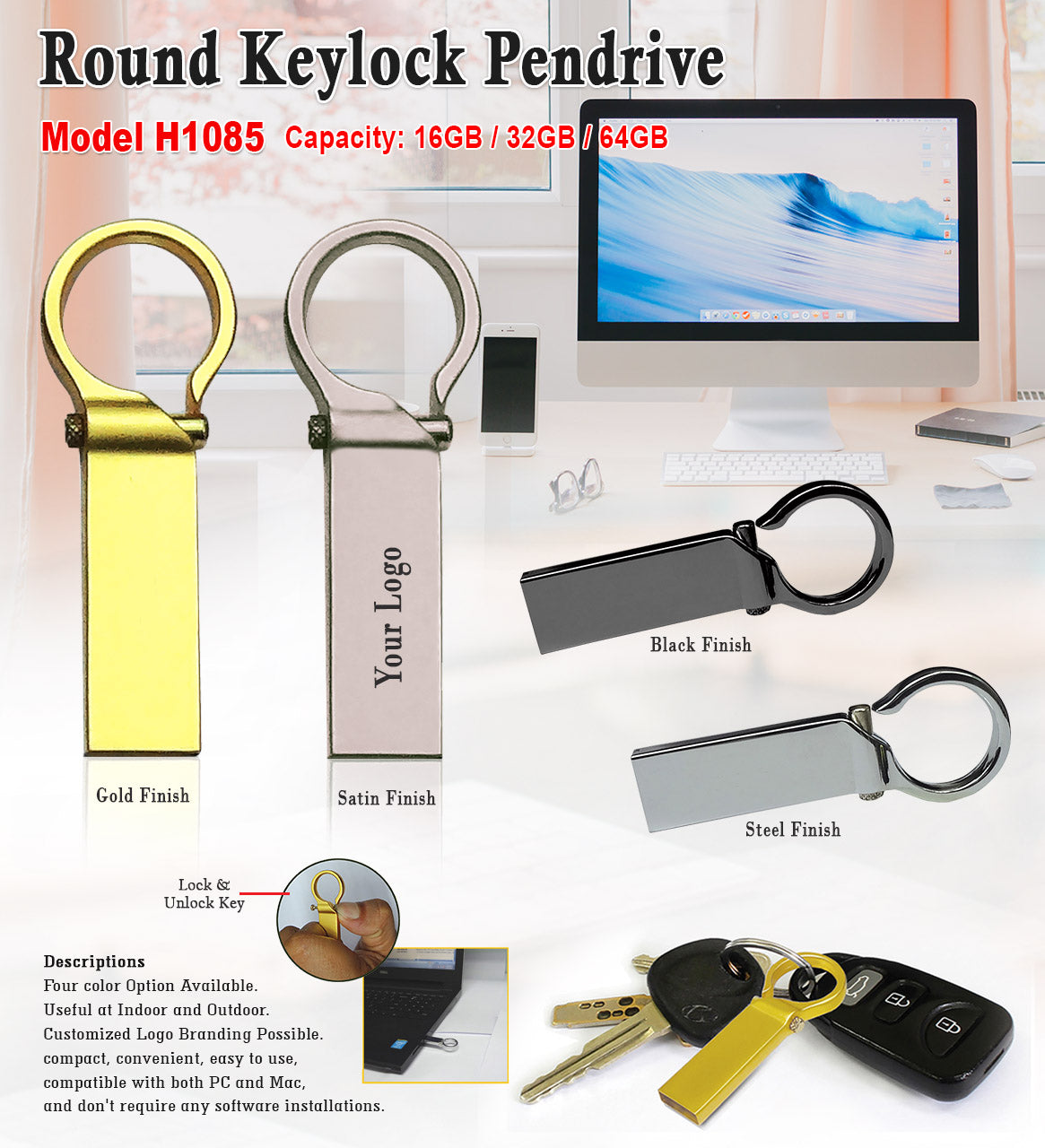 Round Keylock Pendrive - Gold H1085 - 32GB Golden