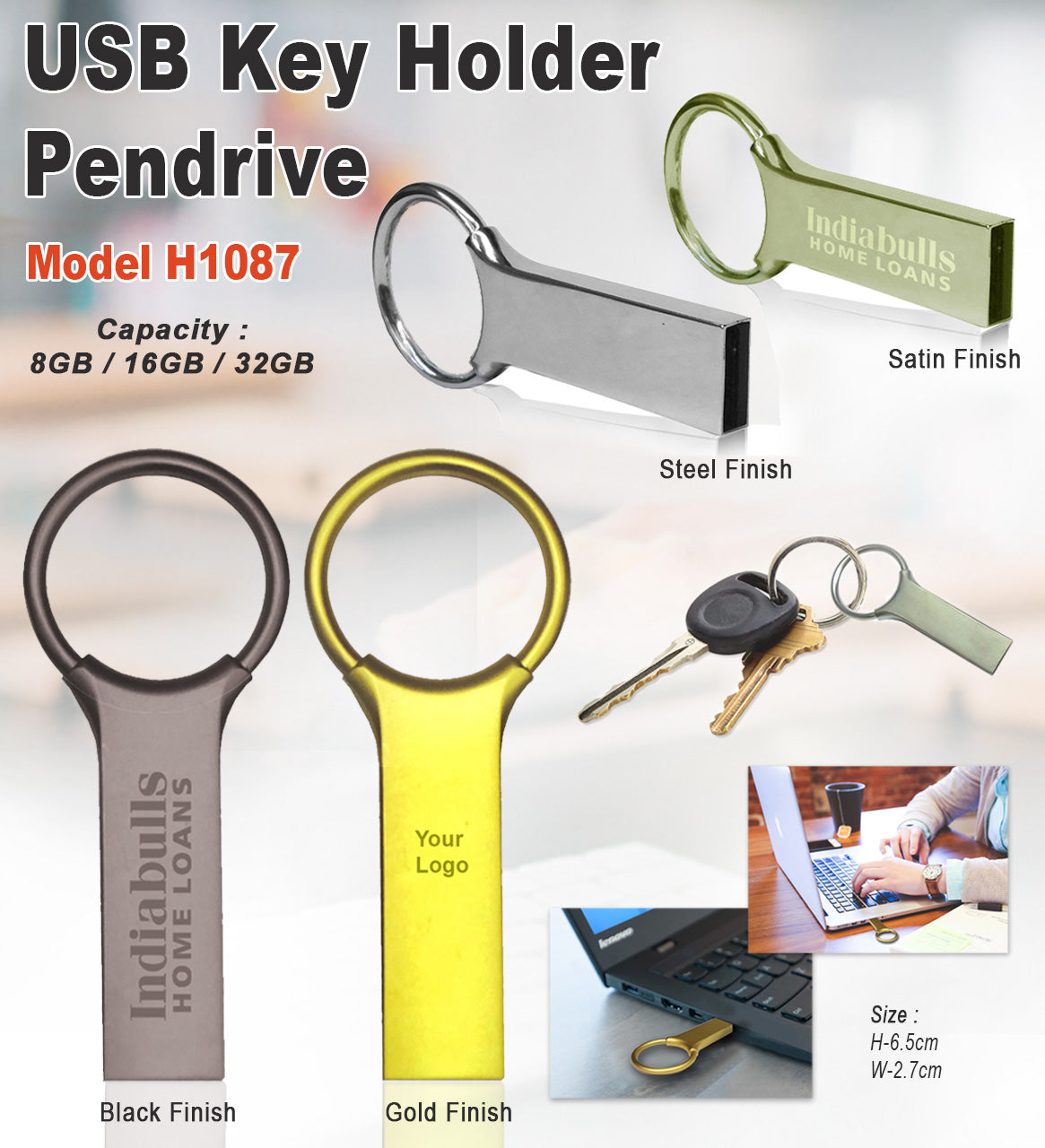 USB Key Holder Pendrive H1087 - 16GB Silver Satin Black