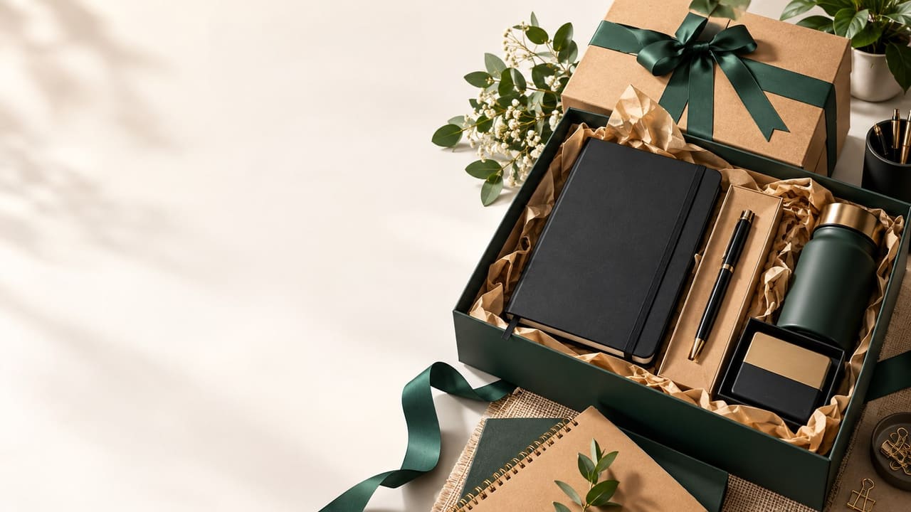 Corporate gift set with notebook, pen and bottle